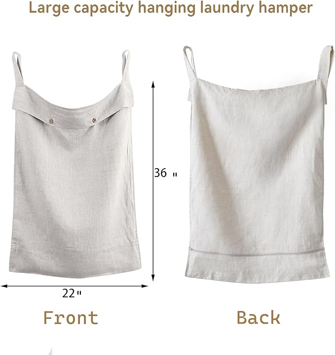 100% Linen Hanging Laundry Hamper Bag 22x36 Inch, Over the Door