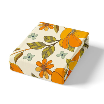 Castle Fairy Retro Flowers Full Fitted Sheet 4pcs,Watercolor Yellow Floral Green Leaves Plant Bed Sheet Set for Girls Teens Bedroom,70s Trippy Daisy Polyester Bedding Set with 1 Flat + 2 Pillowcases