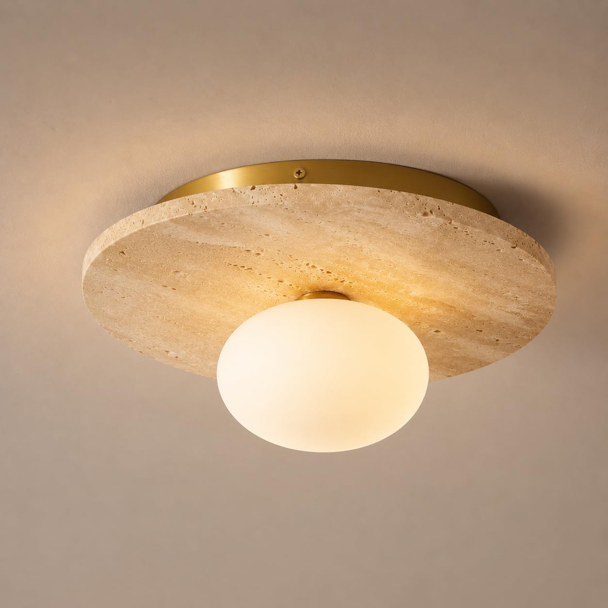 BCGMYLN Natural Travertine Ceiling Light, 12.6inch Modern Flush Mount Ceiling Light Fixture with Frosted Glass Globe, Stone Ceiling Lamp for Hallway Entryway Bedroom Bathroom,G9 Bulb Not Included