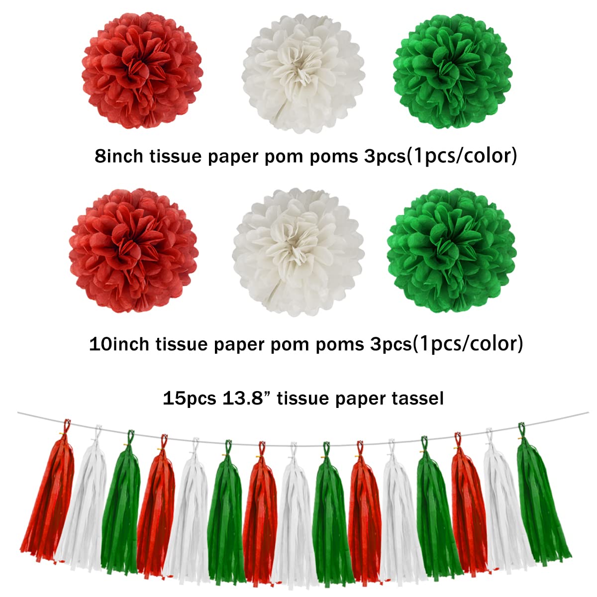 Red White Green Christmas Decorations - 23pcs Tissue Paper Flowers Pom Poms Tassel Garland Banner 3D Christmas Tree Paper Streamers Birthday Party Decorations For Home Indoor Outdoor Hanging Decor