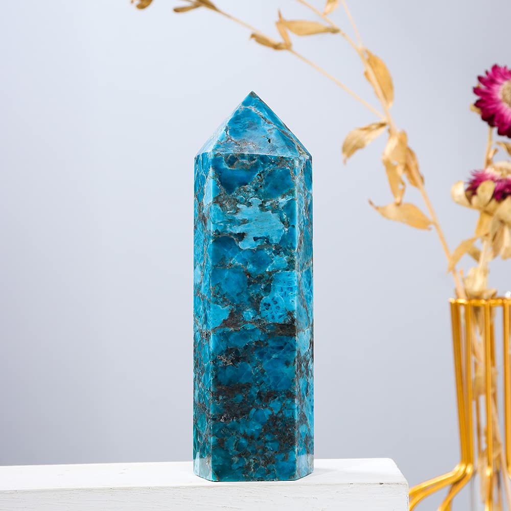 Runyangshi Large Blue Apatite Natural Healing Crystal Wand 4.72"-5" Crystals Tower 6 Faceted Single Point Crystal Prism Wand Natural Stones for Meditation Reiki Chakra Therapy Home Decor Gift