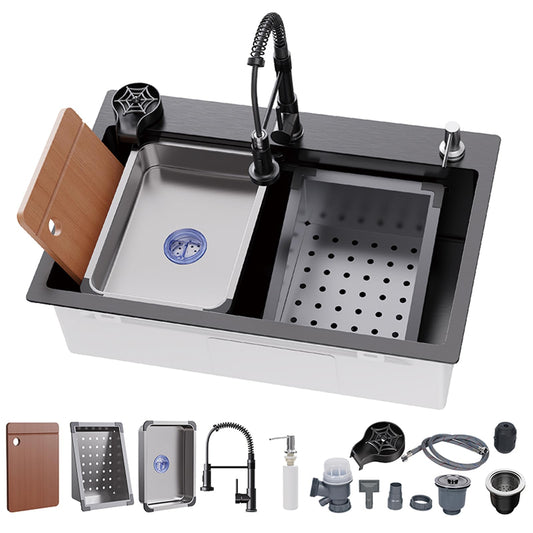 29.5 * 17.7 inch Kitchen Sink, Single Bowl Stainless Steel Sink Multifunctional Drop In Sink with Pull-Down Faucet and Multiple Accessories (black grey, 29.5 * 17.7 inch)