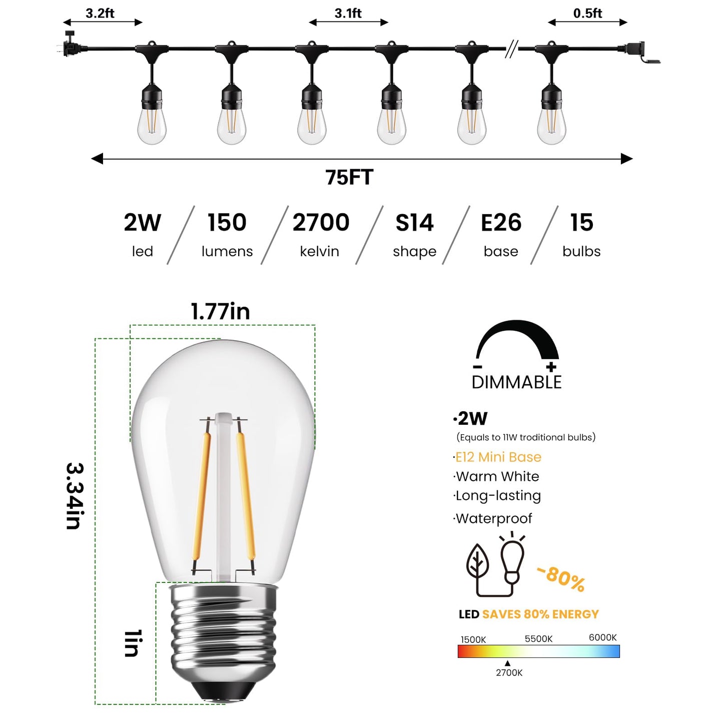 Svater 75 FT Outdoor String Lights 2W + 120 FT ST38 Patio String Lights