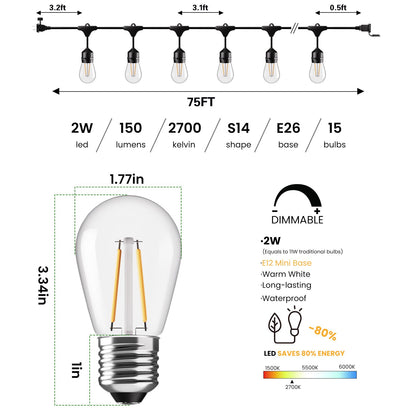 Svater 75 FT Outdoor String Lights 2W + 120 FT ST38 Patio String Lights
