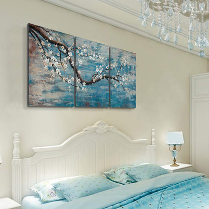 amatop Wall Art for Living Room 100% Hand-Painted Flower Oil Painting On Canvas Gallery Wrapped Large Framed Floral Plum Blossom Tree Teal Blue Artwork for Home Bedroom Decor 48"x24"