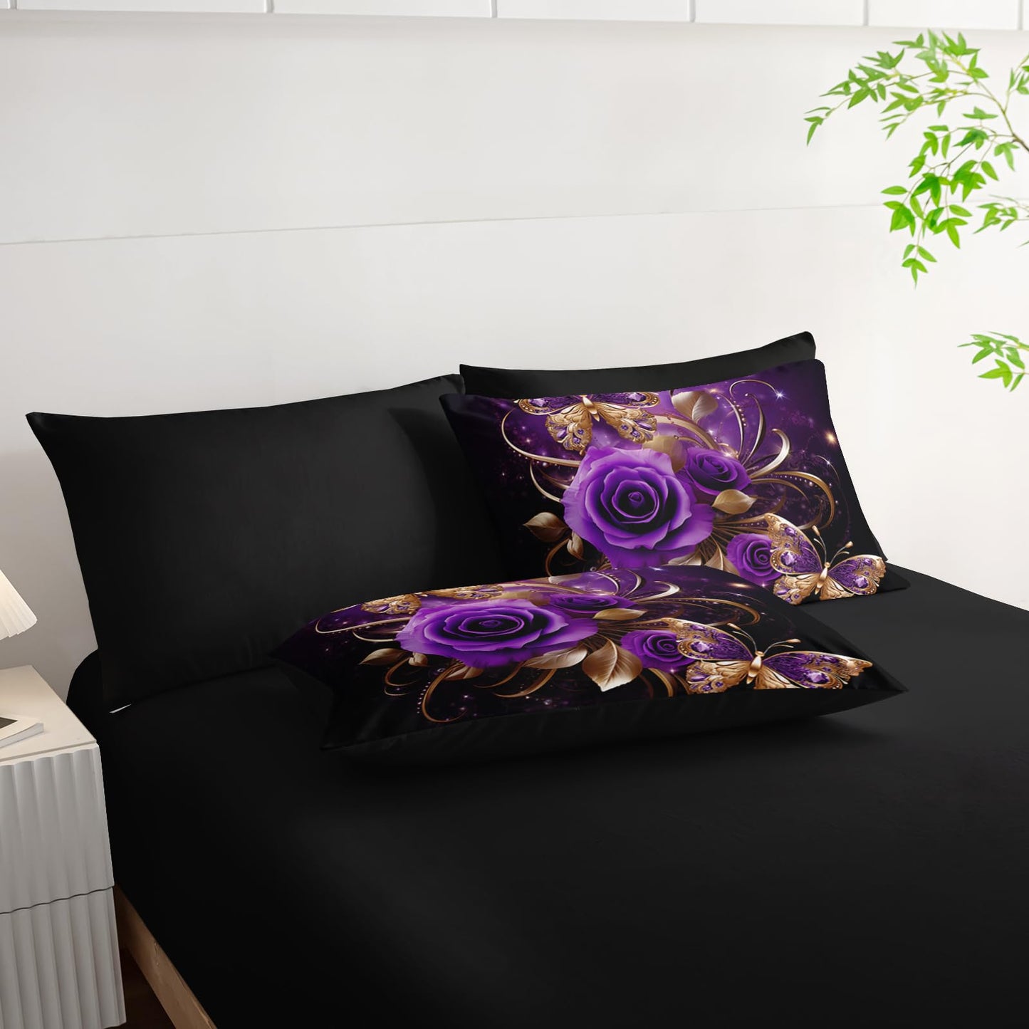AILONEN Gold Purple Rose Flower Comforter Set Queen - 7Pcs Soft Floral Butterfly Bed in a Bag -Girls Rose Comforter,Fitted Sheet,Flat Sheet,2 Pillowcases,2 Pillow Shams for Women