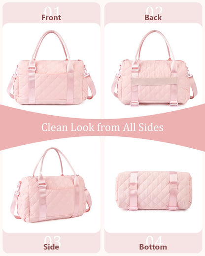 KUIRAN Gym Bag for Women with Yoga Mat Holder, Small Mini Gym Tote Bag Puffy Quilted Lightweight Sports Duffel Bag with Wet Compartment for Dance Yoga Workout Travel - Pink