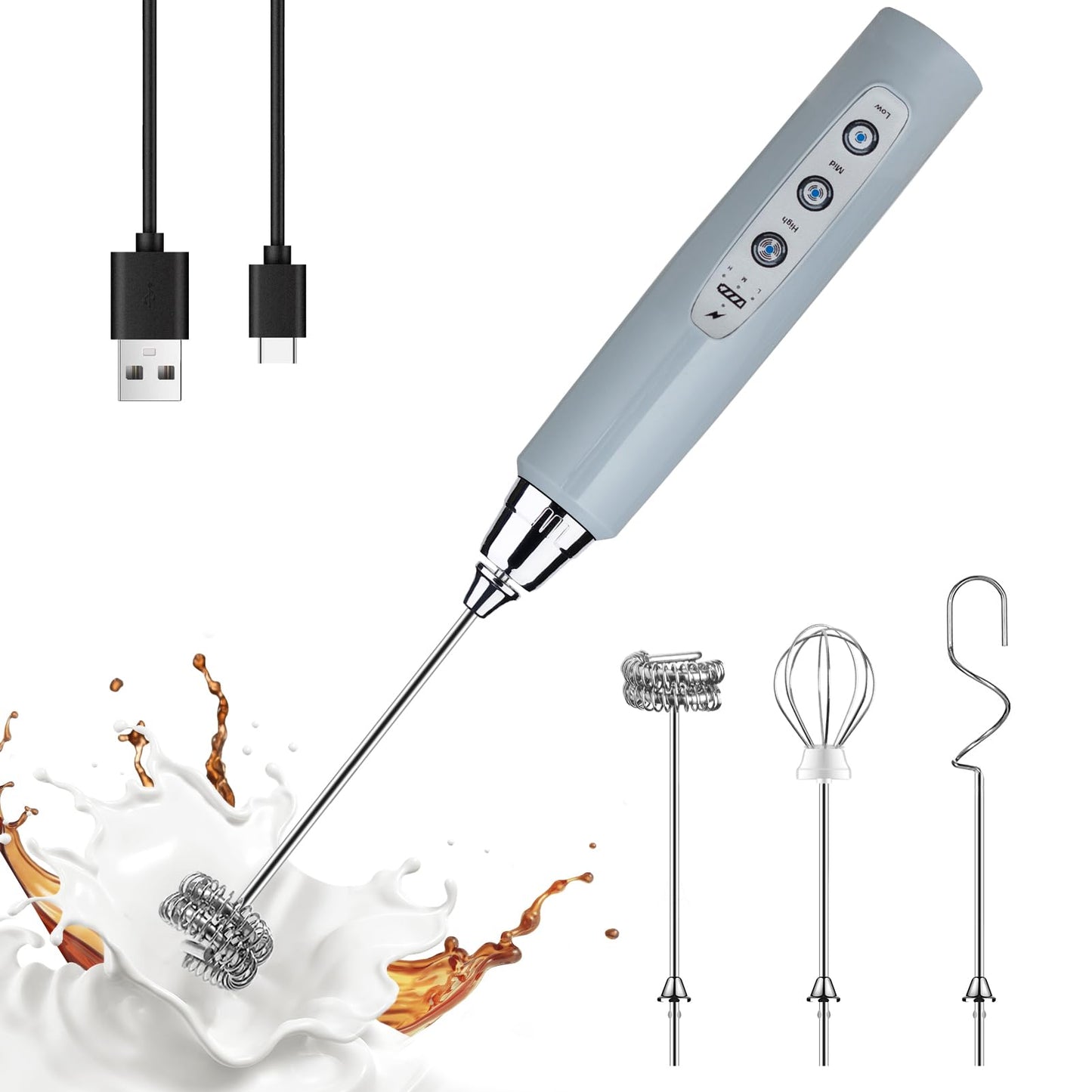 YUSWKO Black Handheld Milk Frother Wand for Coffee, Rechargeable Electric Whisk with 3 Heads 3 Speeds Drink Mixer Coffee Frother For Latte, Cappuccino, Hot Chocolate, Egg