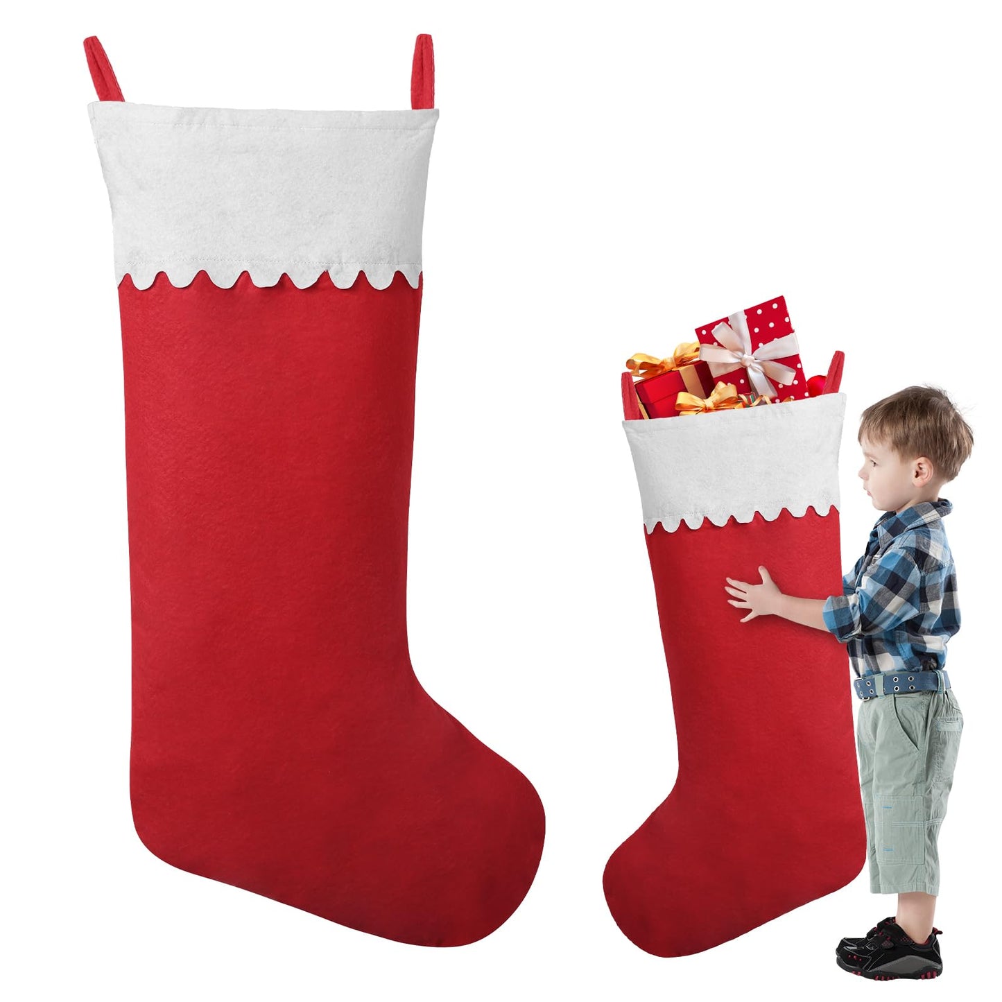Asisca 2 Pack Jumbo Felt Christmas Stockings, 38 Inches Large Red and White Felt Christmas Stockings for Xmas Tree Fireplace Hanging Decor and Holiday Party Family Home Decorations