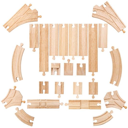 Bigjigs Rail Low Level Train Track Expansion Pack | 25 Wooden Pieces to Add on Starter Railway Set | Toy Trainset Includes Accessories, Connectors for Extension | Educational Gift for Kids ages 3+