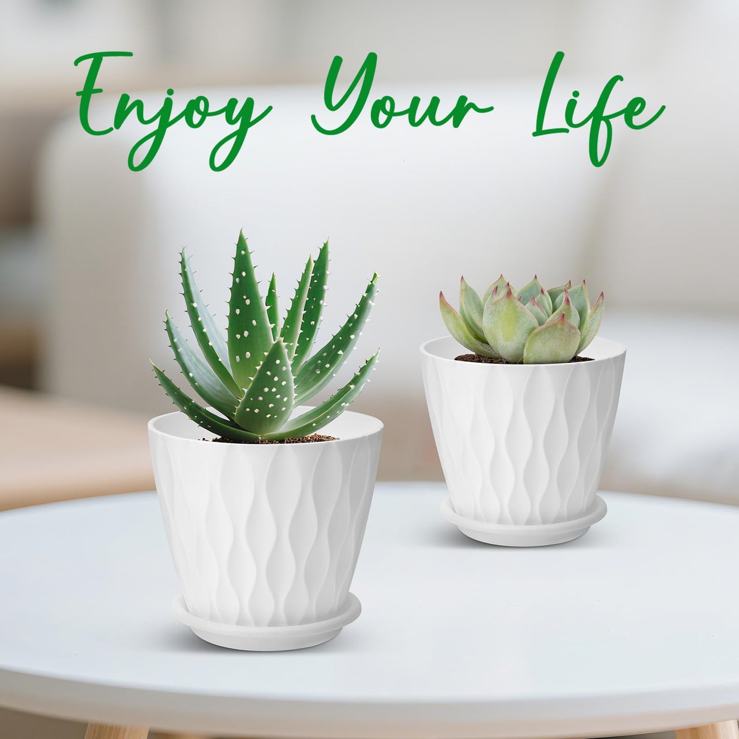 YNNICO 4 inch Plant Pots, 5 Pack Flower Pots Outdoor Indoor, Planters with Drainage Holes and Tray Saucers（White）