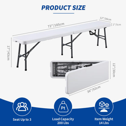 KAIHAOWIN 6FT Plastic Folding Bench White with Carrying Handle Indoor/Outdoor Portable Seat for Picnic, Camping, Dining, Party- 2 Pack