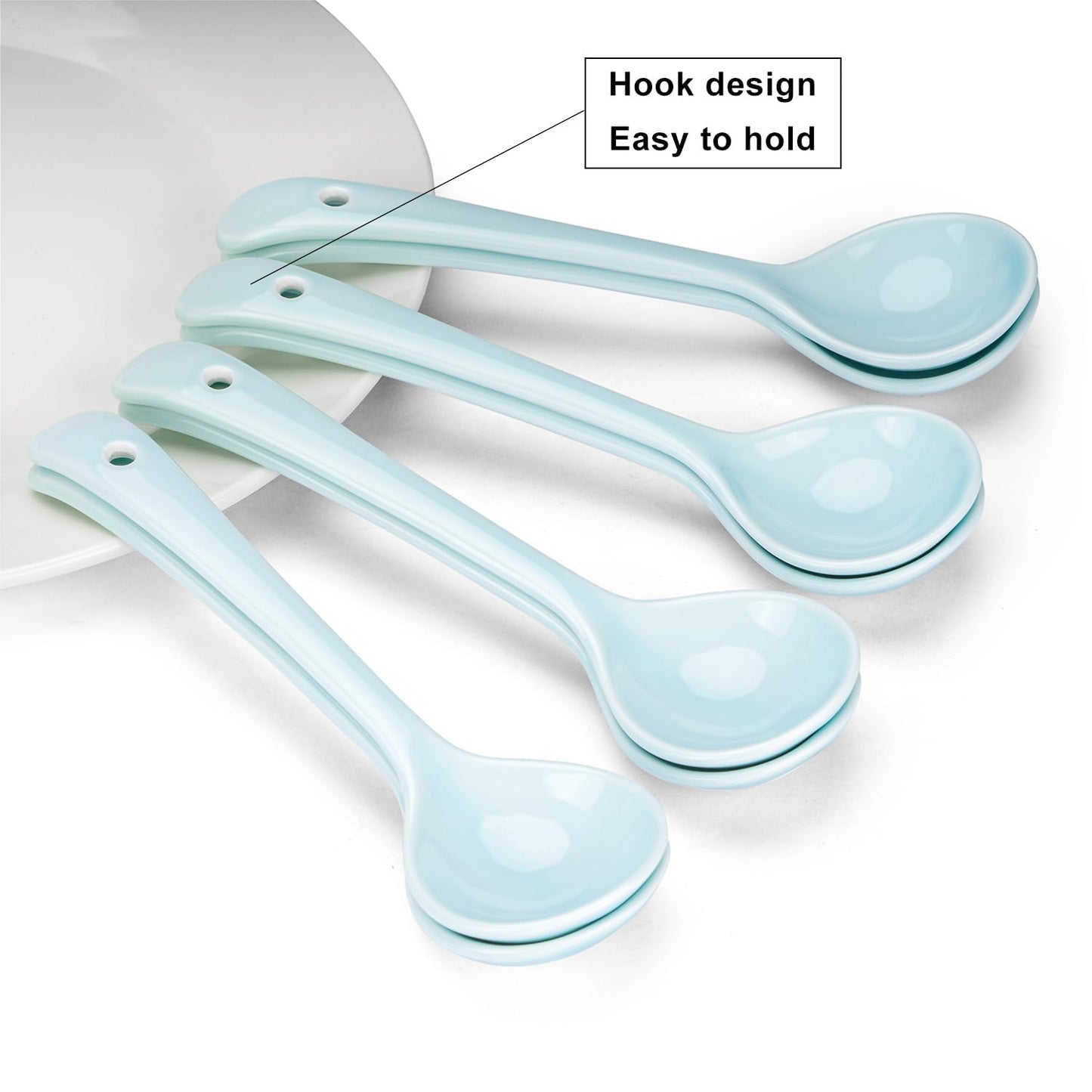 Ceramic Spoons Set of 8, Ceramic Chinese Soup Spoon, Asian Soup Spoons, Blue Japanese Spoon Large for Ramen Pho Wonton Dumpling Miso, Deep Oval Hook Design (8, Blue)