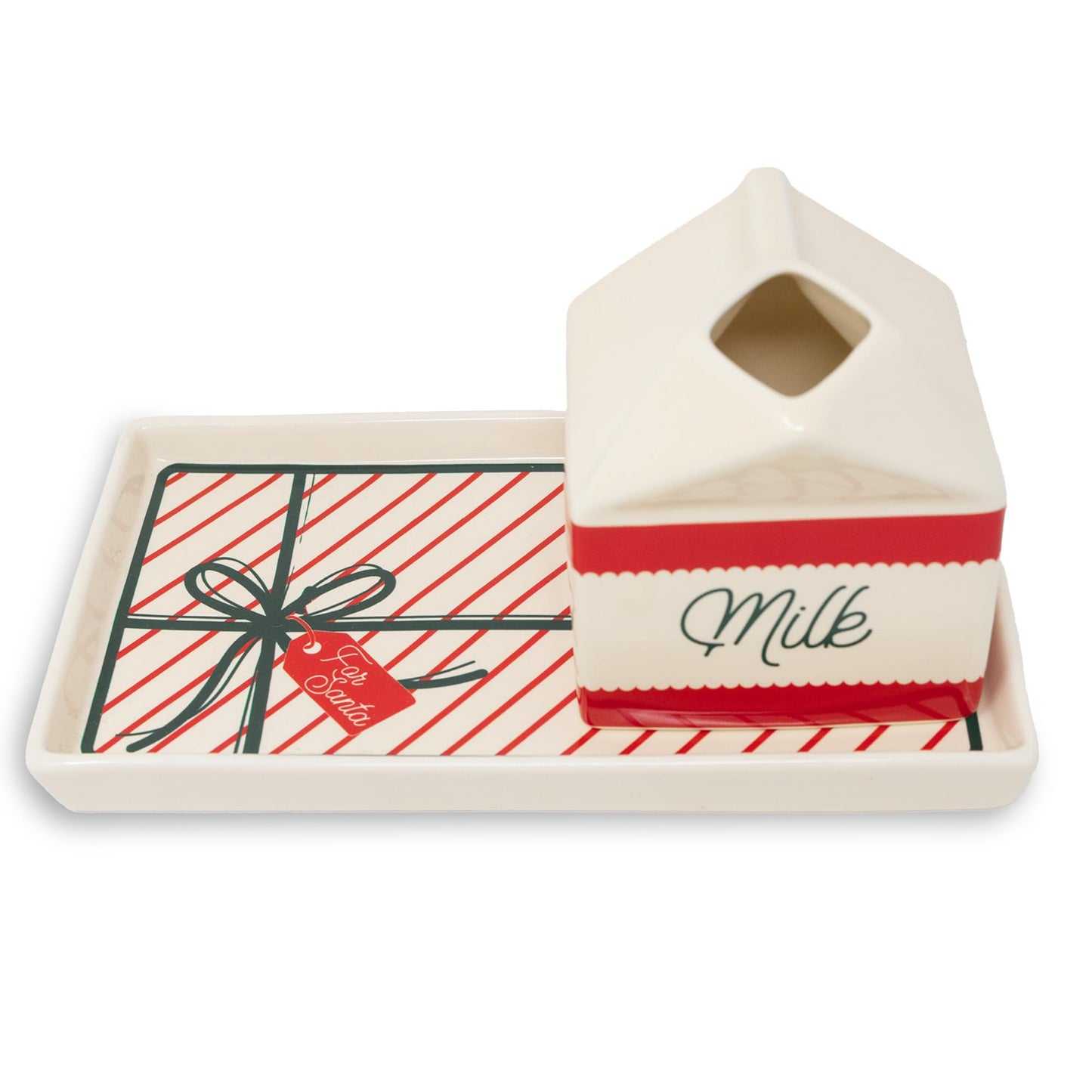 Steel Mill & Co Ceramic Milk & Cookies for Santa Set, 2-Piece Christmas Eve Tray & Milk Jug Gift Box Design, Holiday Tableware Set for Festive Christmas Décor (Bow)
