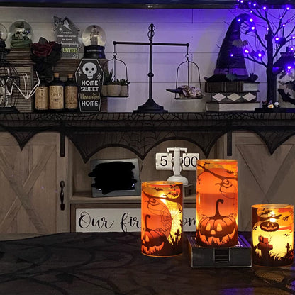 Eldnacele Halloween Flameless Candles with Remote Pumpkin, Spider Web Decal and Castle Decals Battery Operated Real Wax Flickering Glass Pillar Candle for Spooky Halloween Decor 3 Pack
