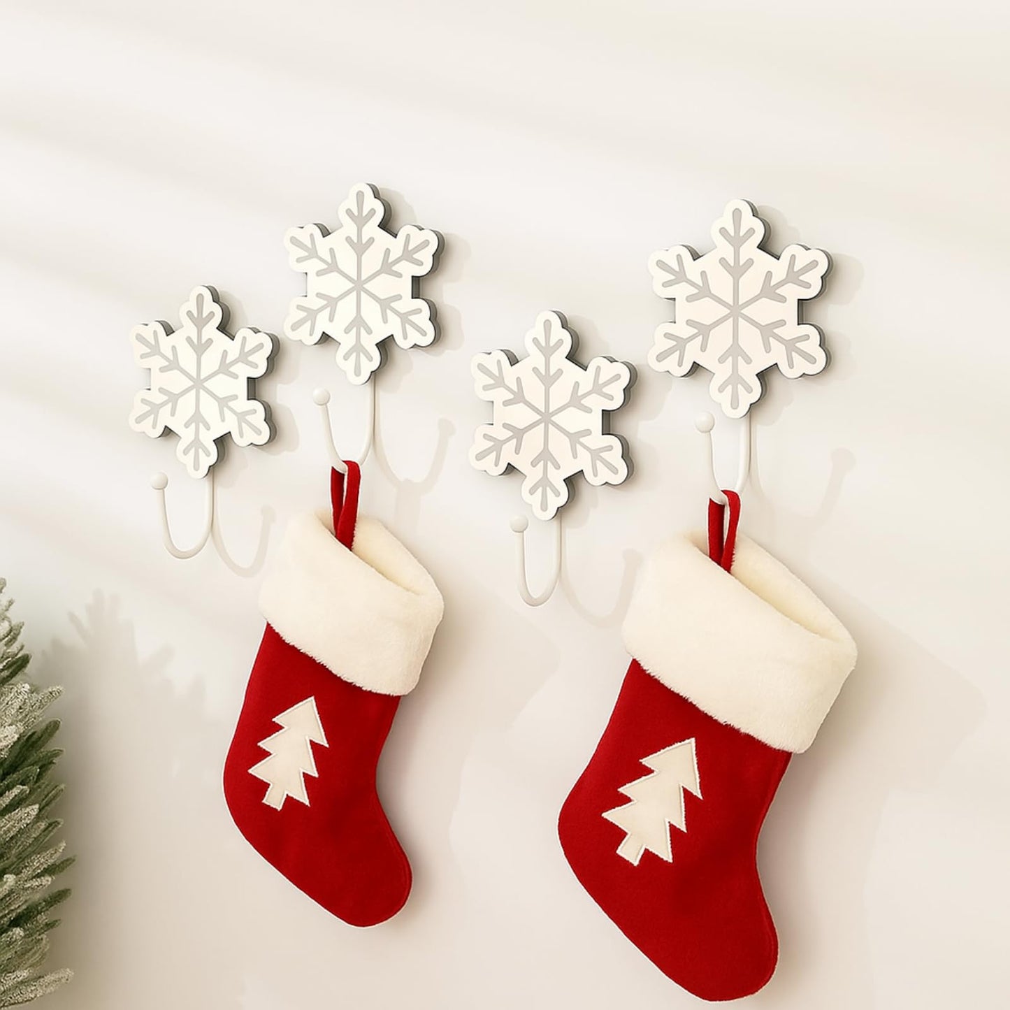 Weysat Christmas Stocking Holder Set of 4 Christmas Stocking Hooks Snowflake Wall Hooks for Towel White Key Holder Bathroom Decor Rustic Decorative for Living Room Bathroom