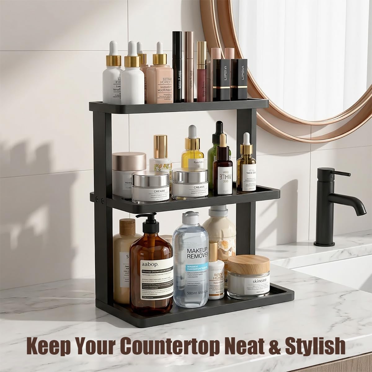 PEKER Bamboo Bathroom Organizer Countertop – Vanity Storage Shelf for Makeup, Perfume, Skincare – Natural Cosmetics Display Rack for Dresser, Sink, Kitchen – Black