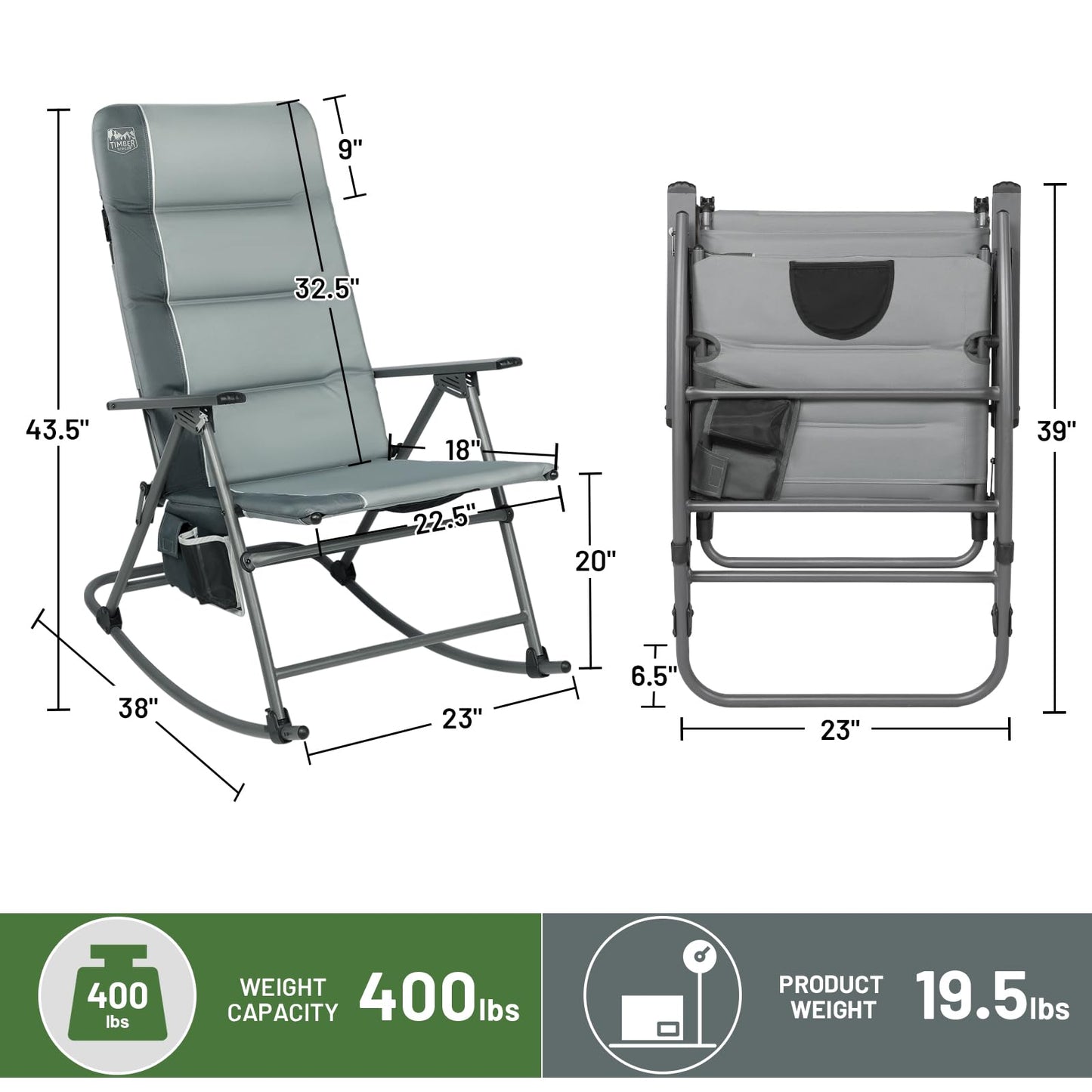 TIMBER RIDGE Oversized Folding Rocking Camping Chair, Padded Outdoor Rocker with High Back, Portable Outdoor Chair for Patio, Garden, Lawn, Supports up to 400 lbs, Gray