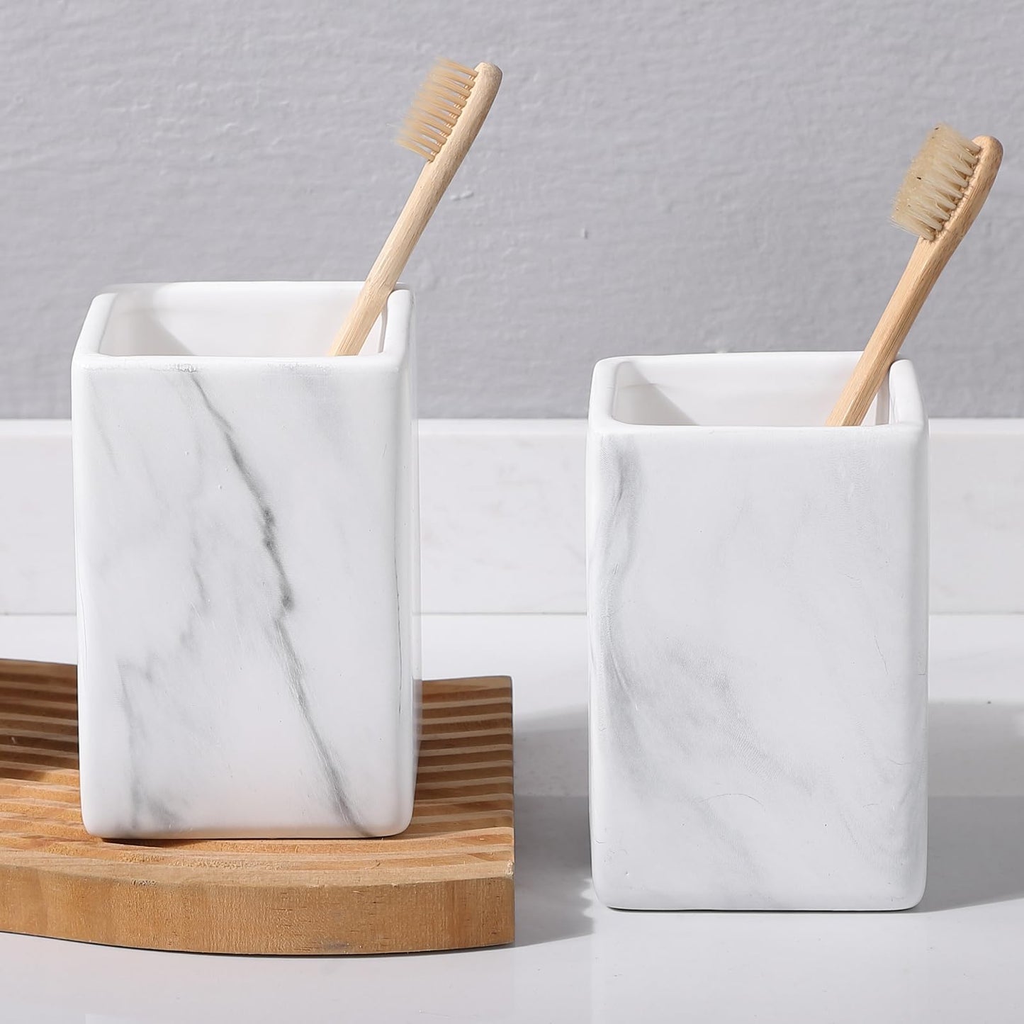 Marble Square Toothbrush Holders - Ceramic Tooth Brushing Holders, Toothbrush Cup, Toothpaste Organizer for Bathroom Countertop, Makeup Brush Holder, Pen Holder for Home Desktop Storage