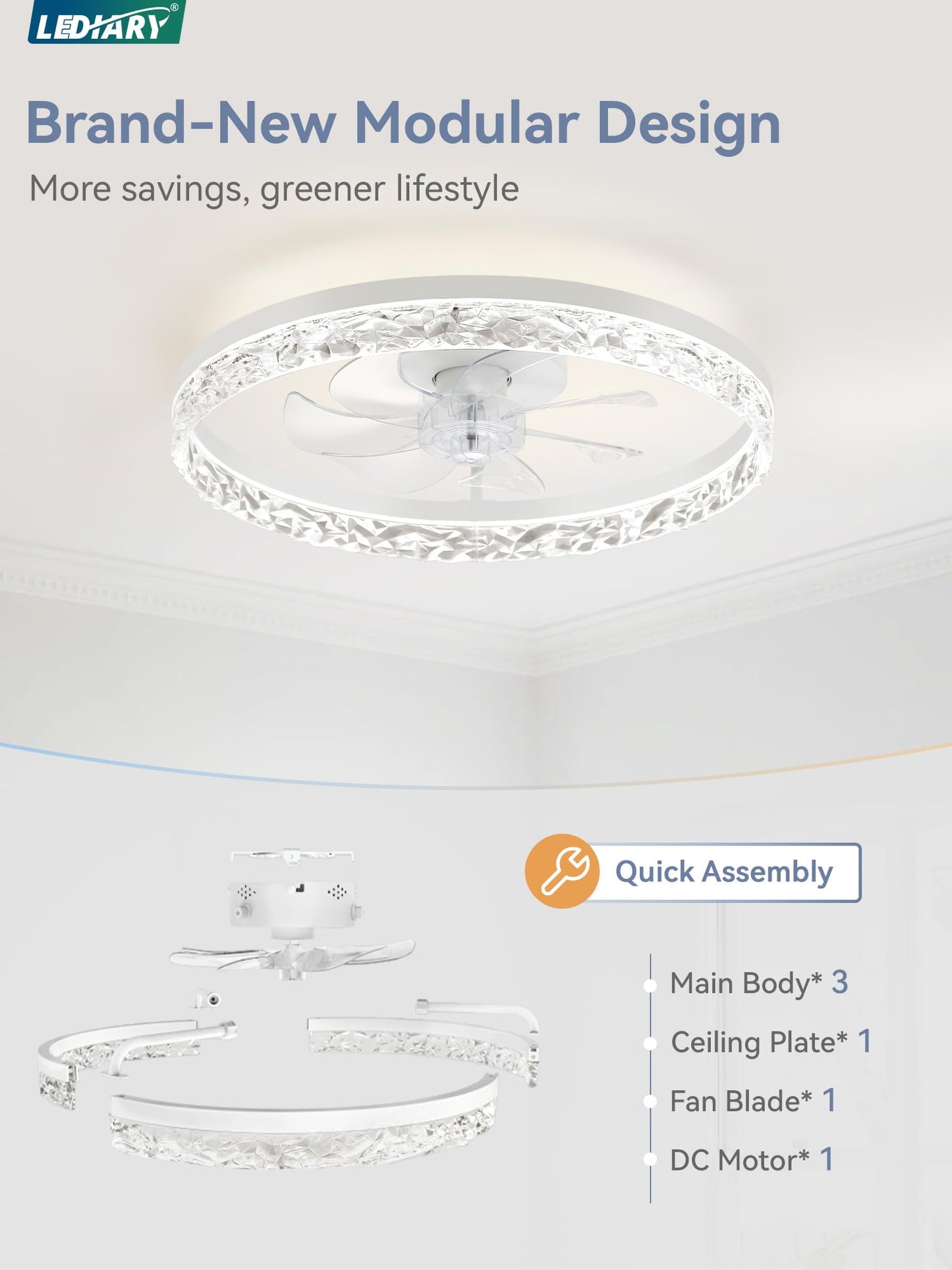 LEDIARY 20" Modern Ceiling Fans with Lights and Remote, Dimmable Low Profile Ceiling Fan, Flush Mount Ceiling Fan, Stepless Color Temperature Change and 6 Speeds - White