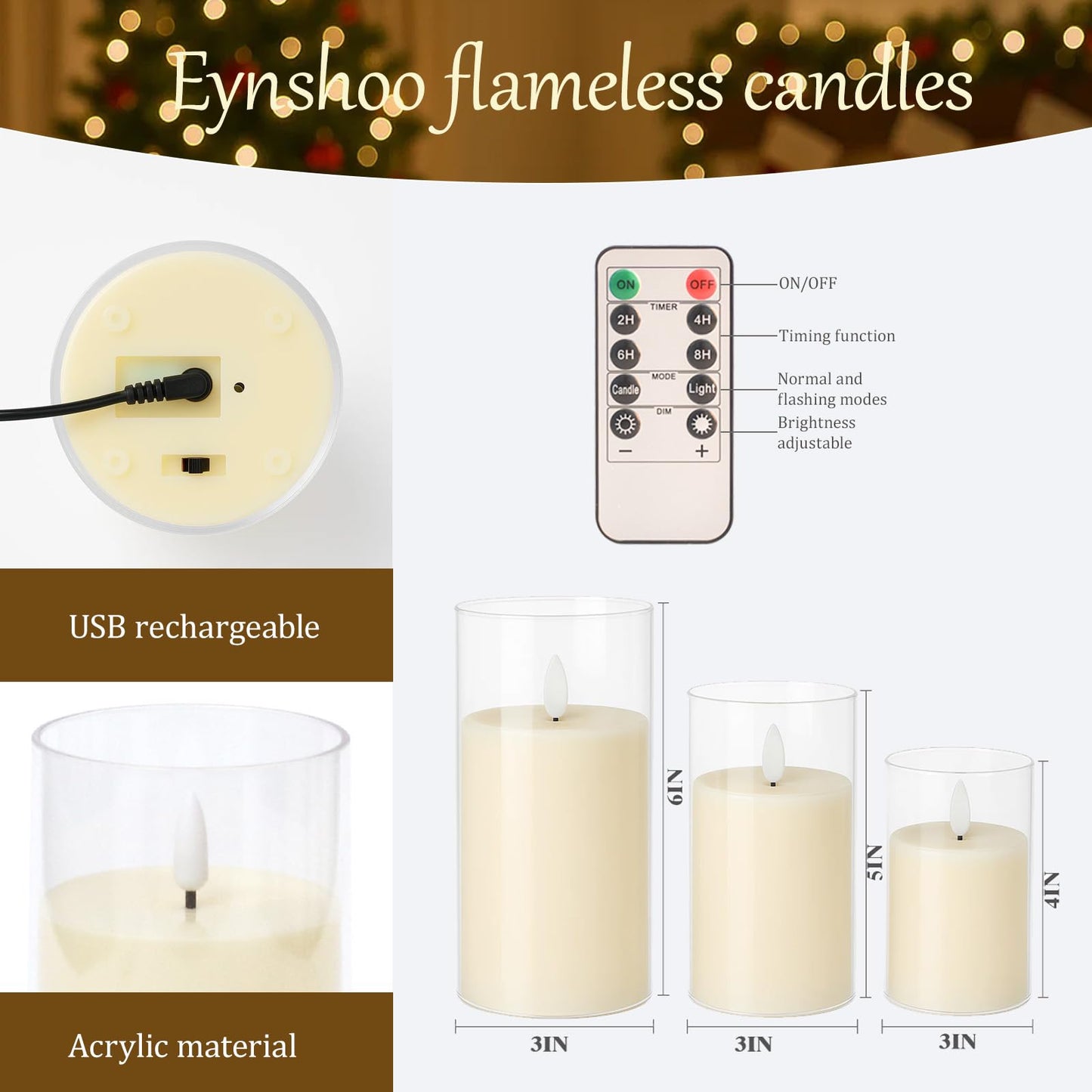 Eynshoo 3-Pack Rechargeable Flameless Candles with Remote & Timer, Flickering LED Candles for Living Room, Fireplace, TV Stand & Bedroom Night Light, Holiday Party Decor, Housewarming Gift (Yellow)