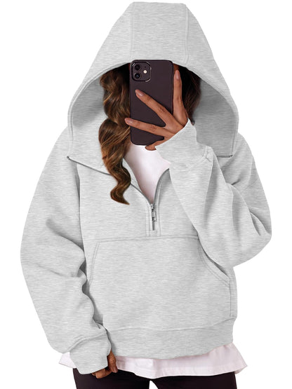 Trendy Queen Womens Hoodies Quarter Half Zip Pullover Oversized Sweatshirts Half With Pockets Fall Clothes GreyXL