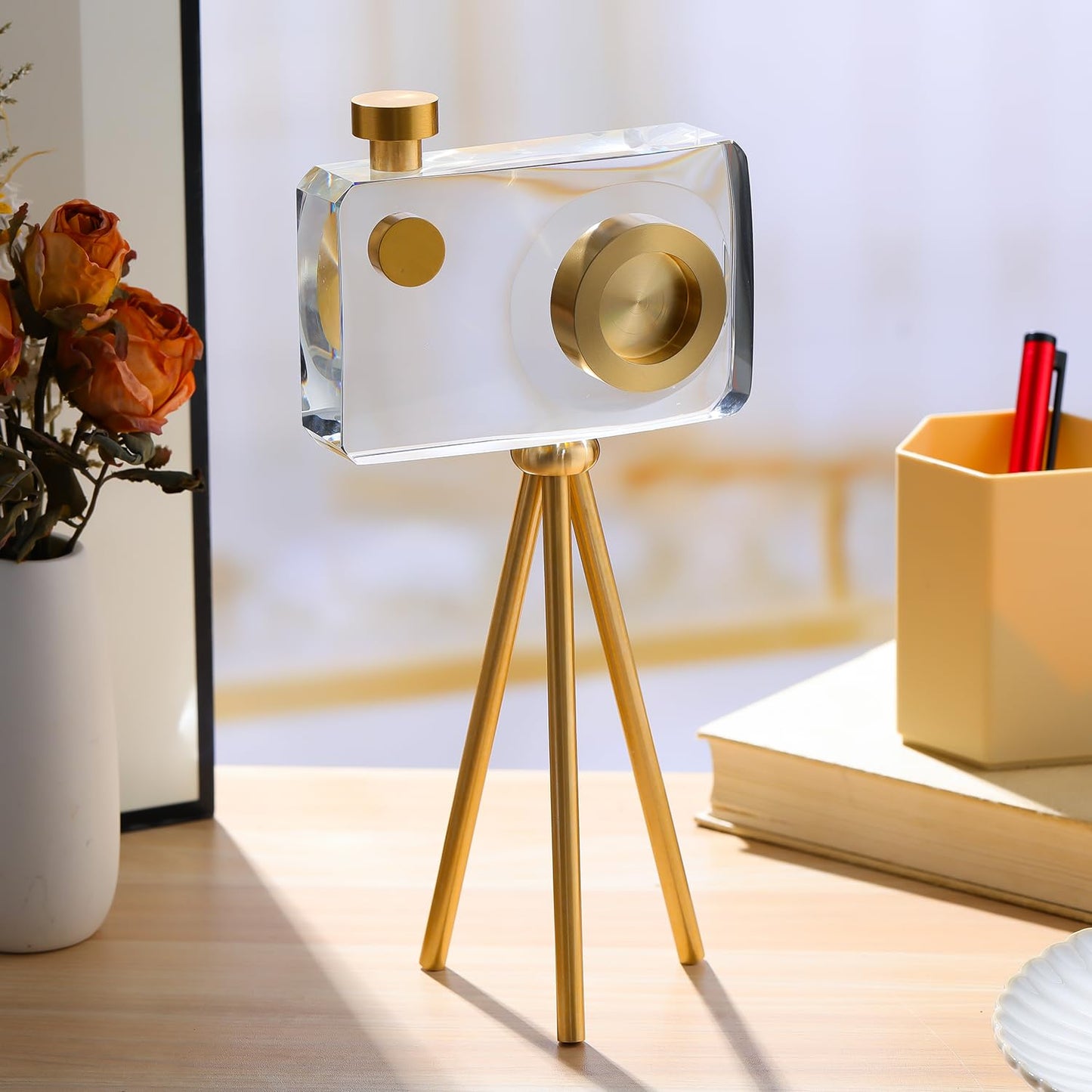 JOASURA Crystal Camera Model Statues- Small Golden with Bracket 3.94x5.12inch 2.2LB,Camera Crafts Collectible Figurine Home Desktop Decoration