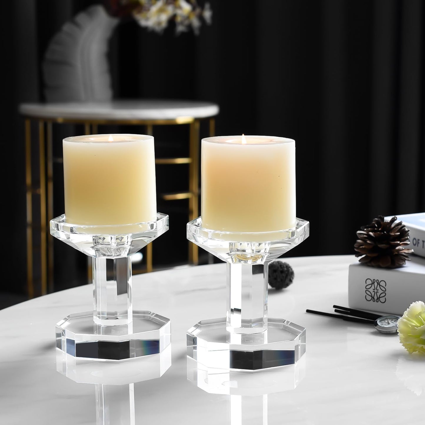 Kitcom Crystal Taper/Pillar Candle Holders Set of 2, 4.1 Inches Height, Heavy Solid Hand Cut Candlesticks Set, Table Centerpieces for Home Decor, Clear
