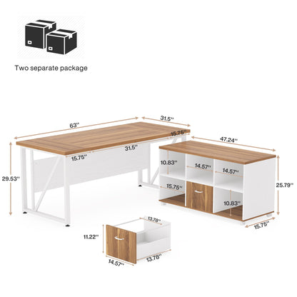 Tribesigns 63-Inch Executive Computer Desk with 47-Inch Lateral File Cabinet, Large Workstation Business Furniture, L Shaped Desk with Drawers and Storage Shelves for Home Office, Walnut & White