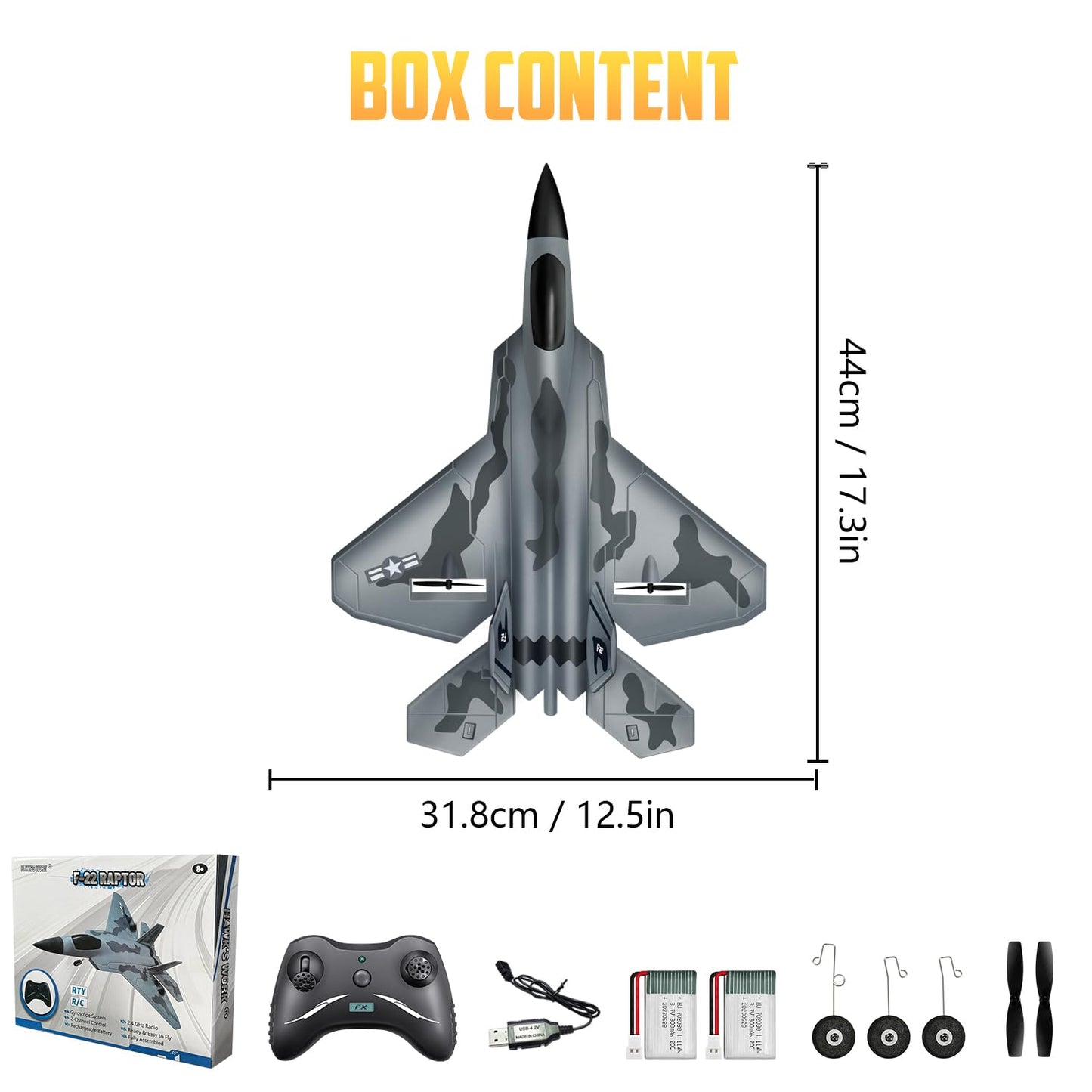 HAWK'S WORK 2 Channel Airplane, F-22 RC Plane Ready to Fly, 2.4 GHz Remote Control Airplane, Glider for Kids & Beginners