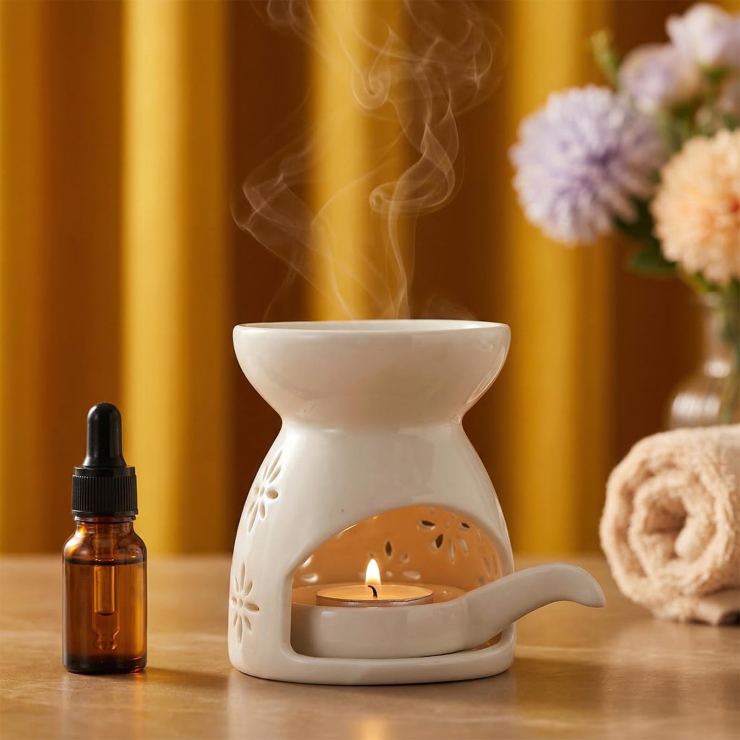 3 Pack Ceramic Tealight Candle Holder, Small Essential Oil Burner Wax Melt Warmer with Spoons, Aromatherapy Aroma Diffuser for Home Bedroom Decor, White