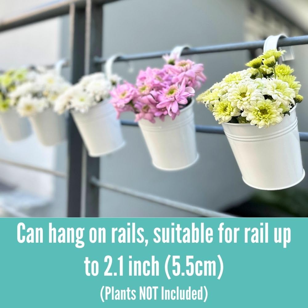 LaLaGreen 6 Inch Hanging Planter Iron - 10 Pack, White Large Metal Flower Pot Over Rail Balcony Railing Hanging Buckets for Plants Outdoor Fence Wall Herb Garden Succulent Outside Deck Patio Porch