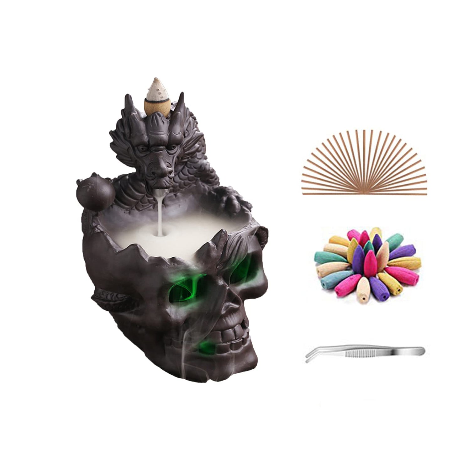 Romehaha Dragon Waterfall Incense Holder - Ceramic Backflow Burner with Skull Head, Zen Meditation Decor for Home, Bedroom, Yoga Studio - Unique Dragon Statue Gift for Aromatherapy & Relaxation
