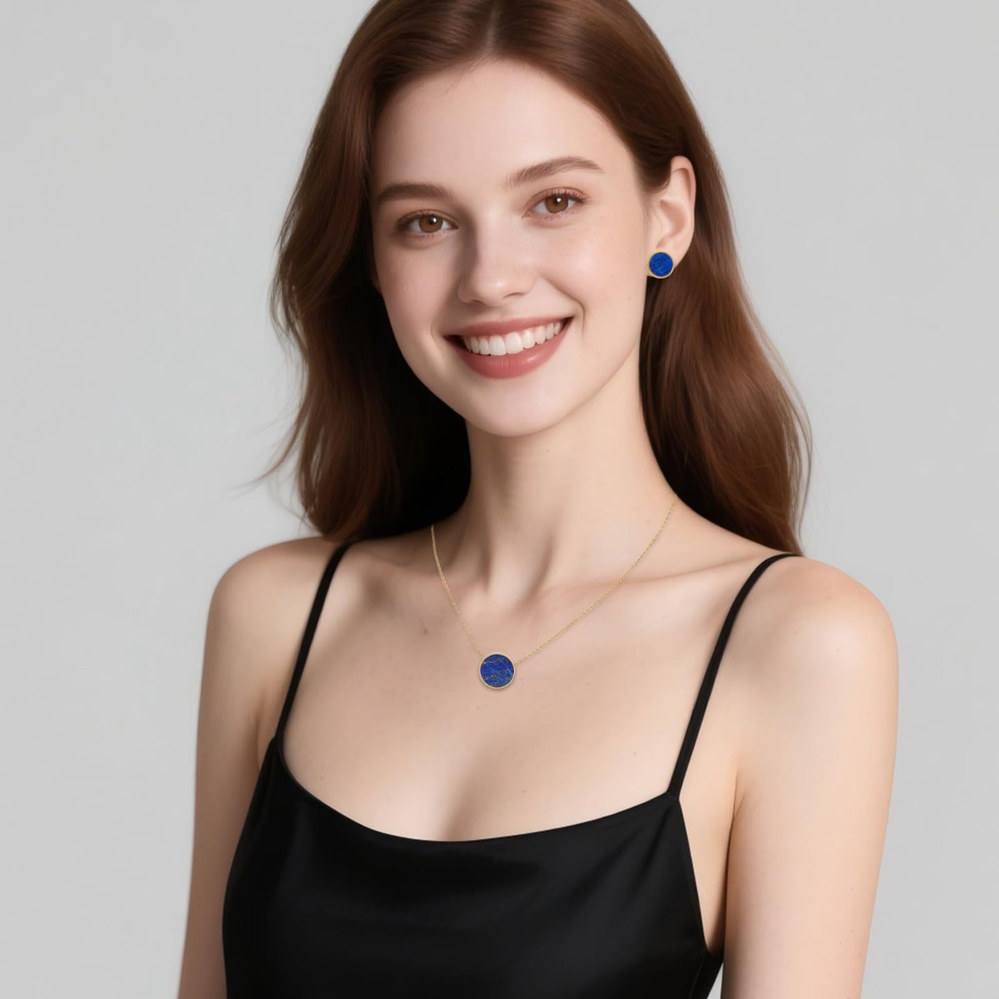 TaYolnFaSo Round Lapis Lazuli Jewelry Set for Women 18K Gold Plated Lapis Lazuli Necklace Studs Earrings Set Dainty Jewelry Gift