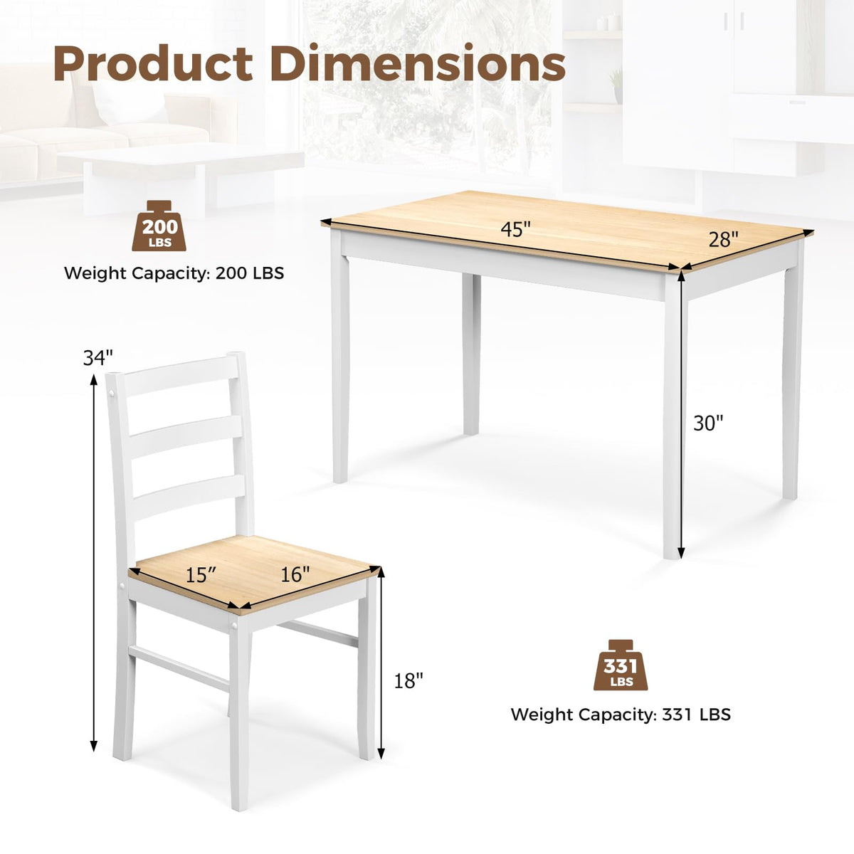 Tangkula Dining Table Set for 4, Solid Wood, Farmhouse Dinette Set w/Rubber Wood Legs, Compact Dining Table and Chairs Set for Kitchen, Dining Room (Natural+White)