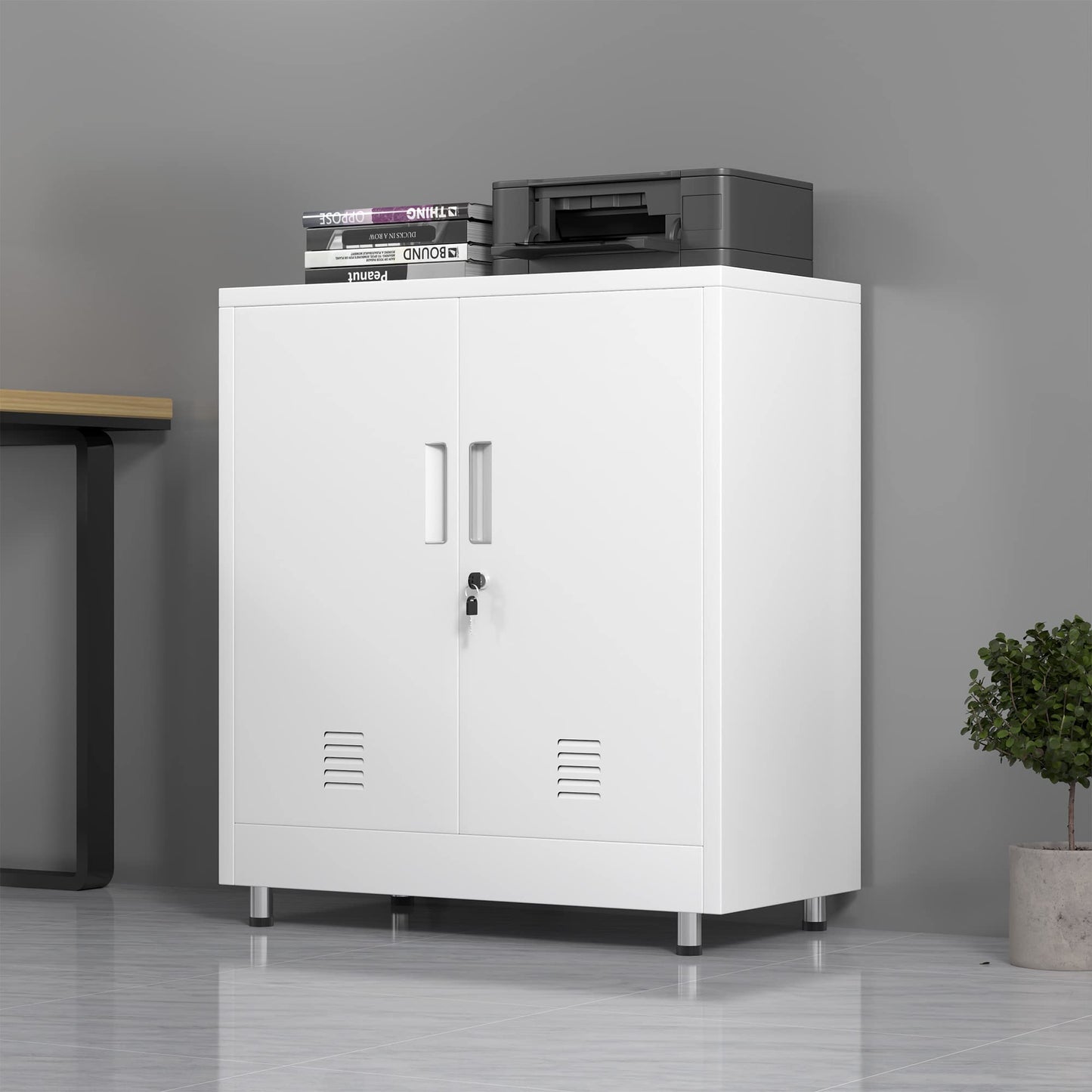 JINGUR Metal Storage Cabinet with Locking Doors and Adjustable Shelf, Small Lockable Sideboard Buffet Cabinet for Home Office Hallway Entryway Living Dining Room (White)