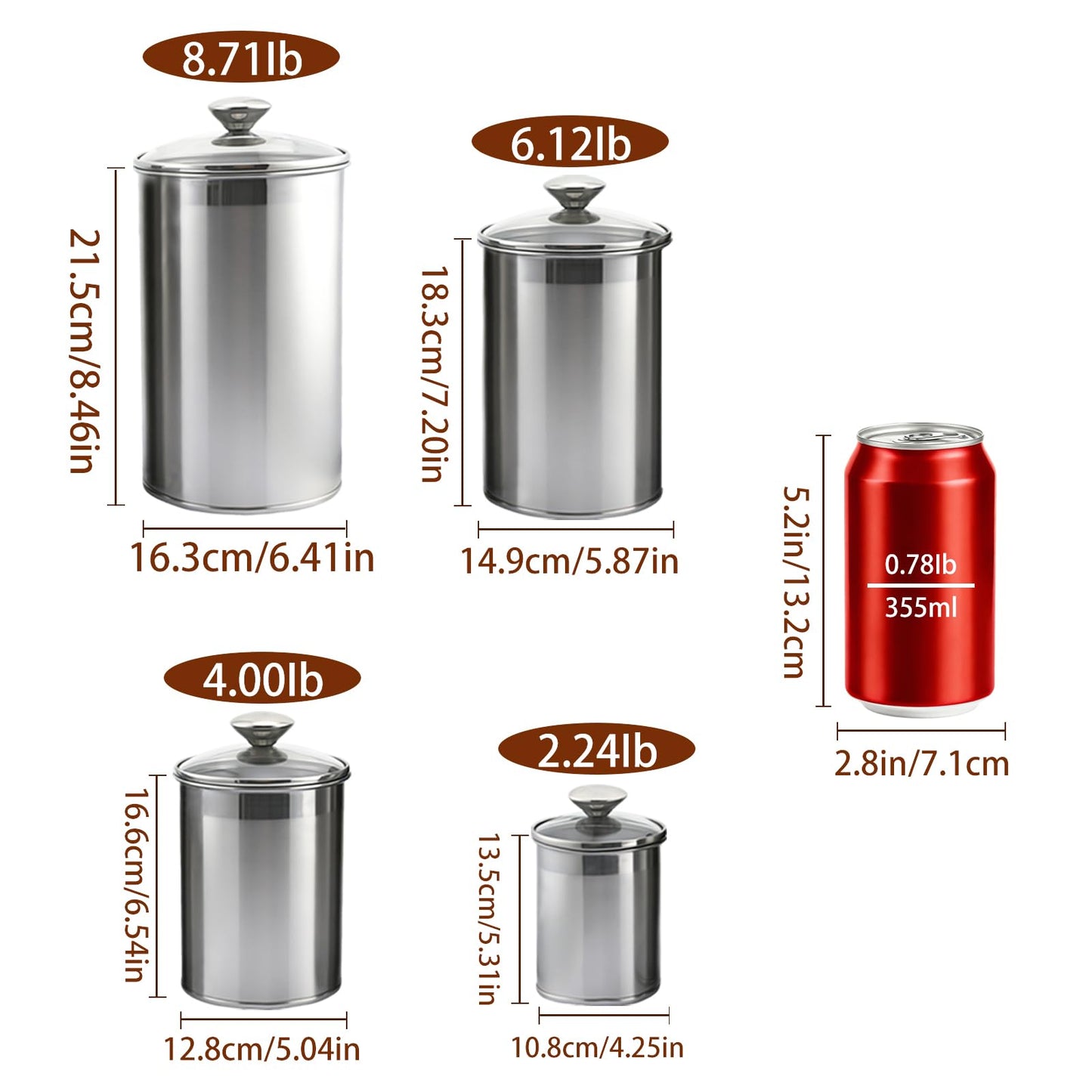 VTWTV Stainless Steel Food Canister Set 4-Piece, Airtight Kitchen Storage Containers with Lids, Metal Canisters for Flour Sugar Coffee & Pantry Organization, Rustproof & Durable Countertop Jar Set