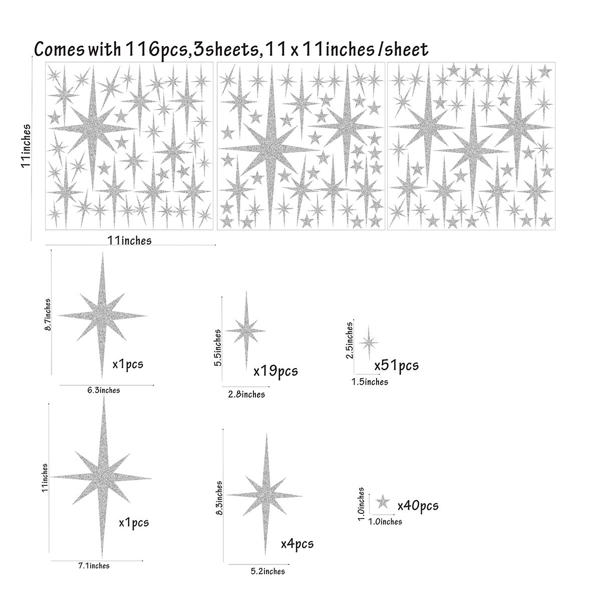 Retro Starburst Wall Decals Star Wall Stickers Atomic Star Walls Decals Geometric Walls Decor Modern Nursery Decor Peel and Stick Stars(116pcs)