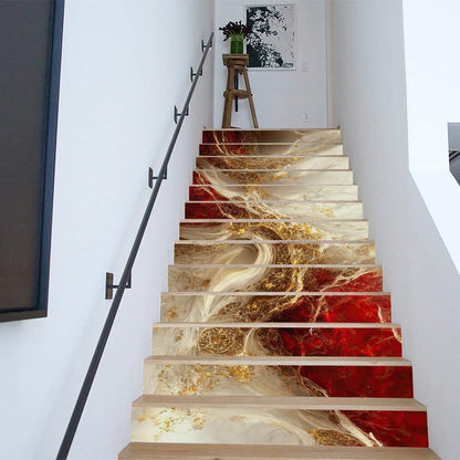 REDAMANCY Golden Ruby Crystal Fluid Marble Geometric Mosaic Peel and Stick Vinyl Stair Riser Decals Staircase Tile Stickers Decor Modern Marble Decoration Self-Adhesive(14 Pcs)
