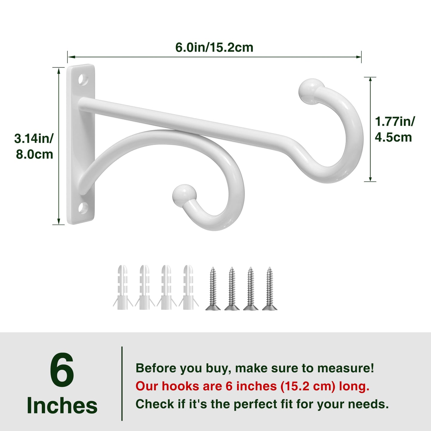 pickpiff 6-Inch Planter Hooks for Hanging Plants - Plant Hanger Hook Indoor Outdoor, Plant Wall Hooks, Brackets for Hanging Plants, Baskets, Wind Chime, Bird Feeder, Bird House (White, Metal, 2 Pack)