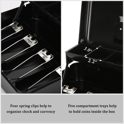 Jssmst Large Locking Cash Box with Money Tray, Lock Box with Security Cable Metal Money Box with Key Lock, Black, CB02304XL