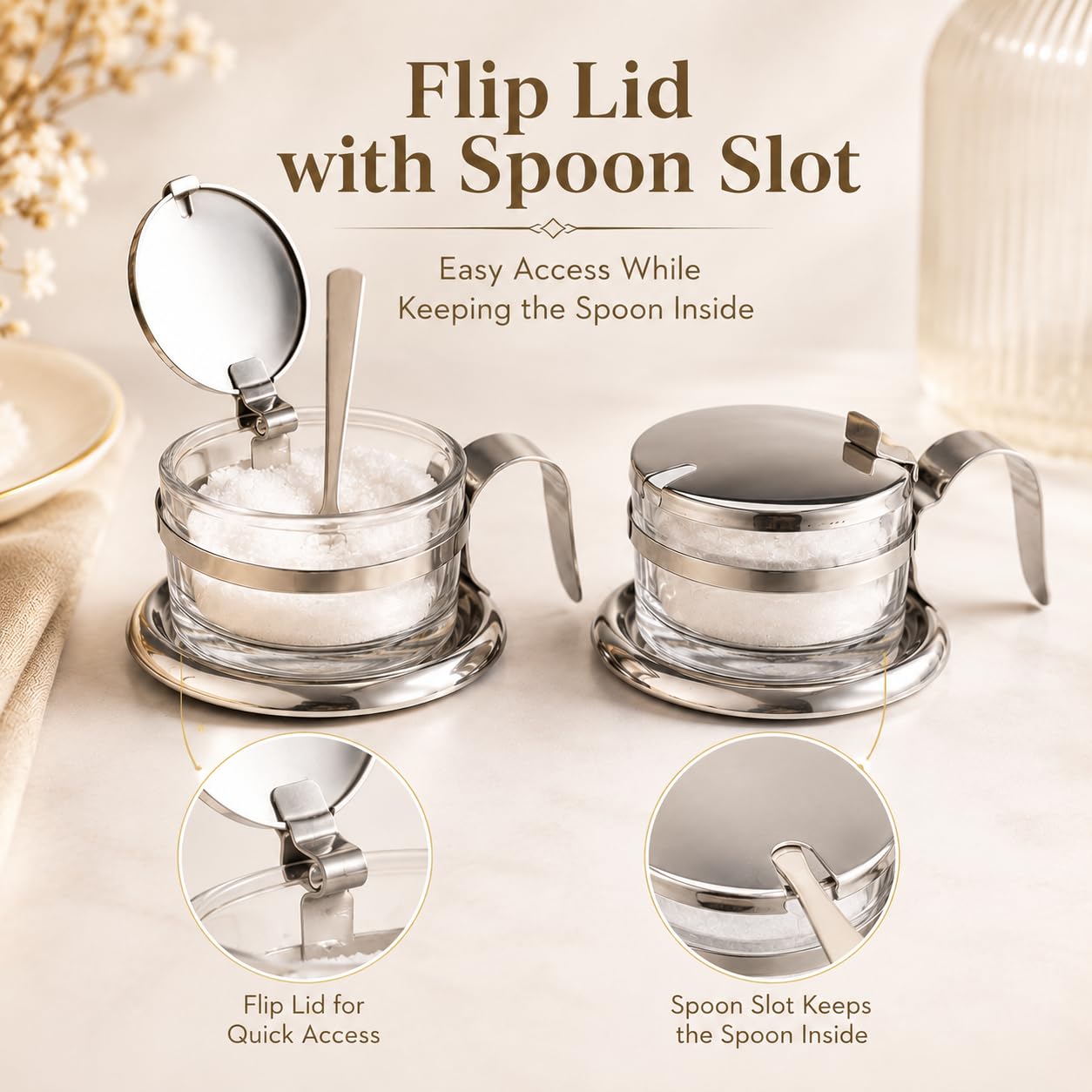 2 PCS Stainless Steel Salt Server with Spoon, Glass Salt Cellar for Countertop, Heavyweight Seasoning Jar Set with Flip Lid, Elegant Sugar Pepper Container for Home Kitchen Baking Station
