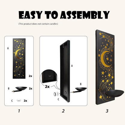 ZOOYOO Moon and Star Wall Candle Sconces Set of 2, Black Iron Wall Sconce with Gold Foil,Celestial Farmhouse Wall Decor for Bedroom Living Room,Wall Candle Holder for Yoga Meditation,Astronomy Gift
