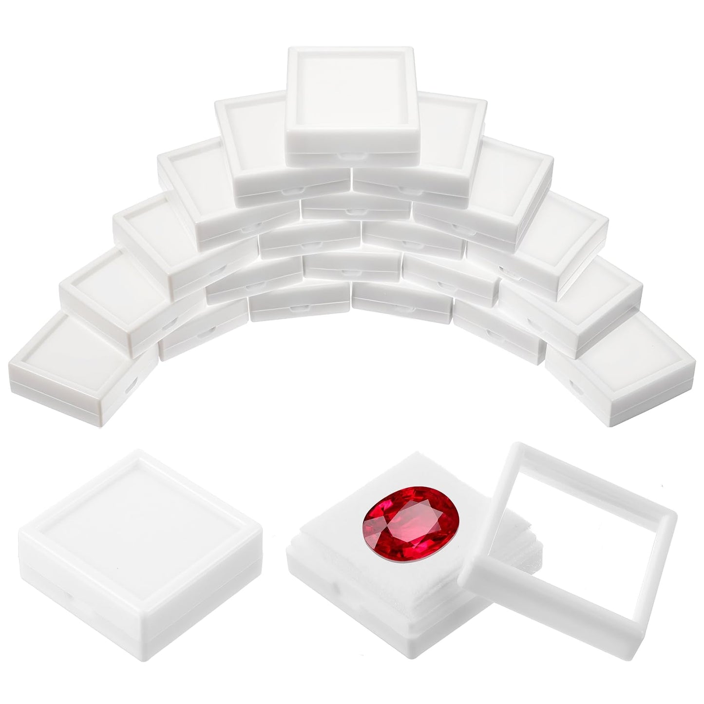 HOFURME 36 Pcs White Gemstone Display Box Jewelry Box Container with Clear Top Lids Bulk 1.6'' x1.6 x 0.6'' for Gems Diamond Coins Gift Packing Ring Home Shop (White)