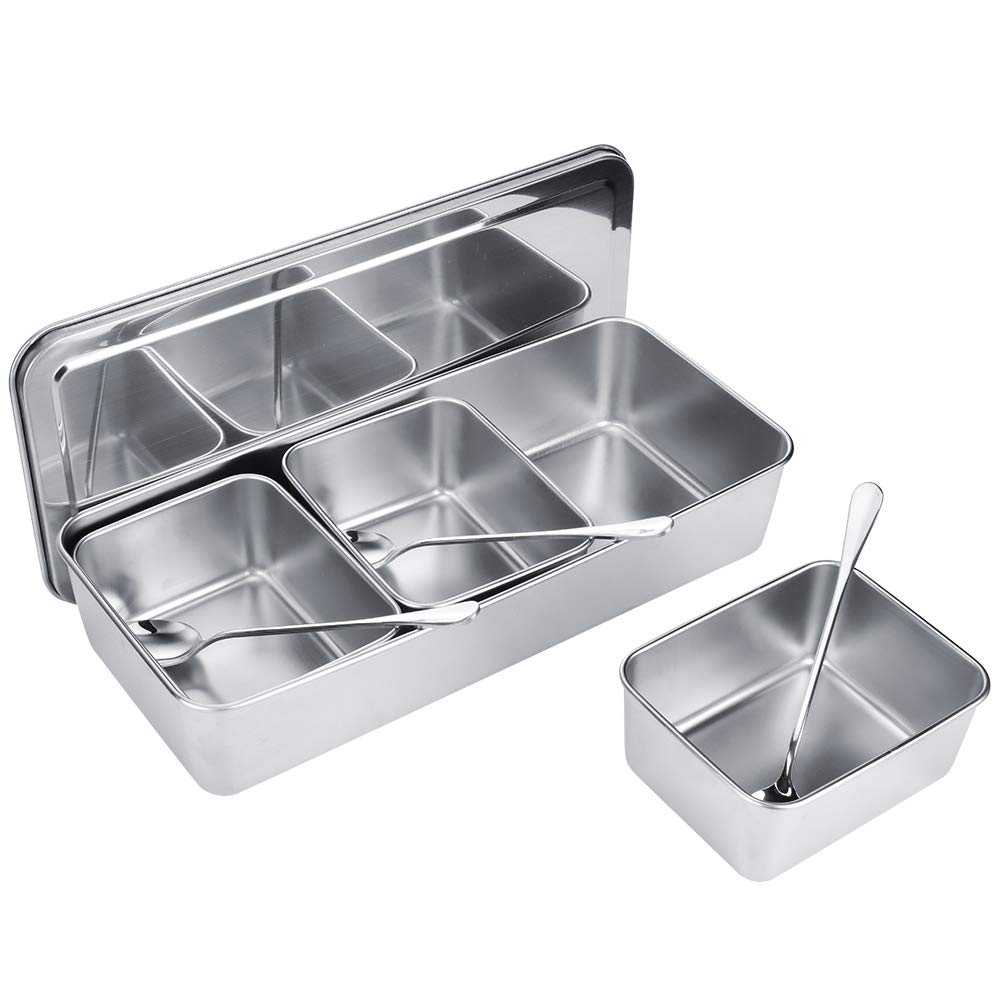 Hitoxi Condiment Server, 21oz Food Grade Stainless Steel Seasoning Jar with Spoon & Lid 3 Removable Compartments 3 Pcs Spices Container Set for Salt Sugar Cruet Snacks Flour Dry Goods