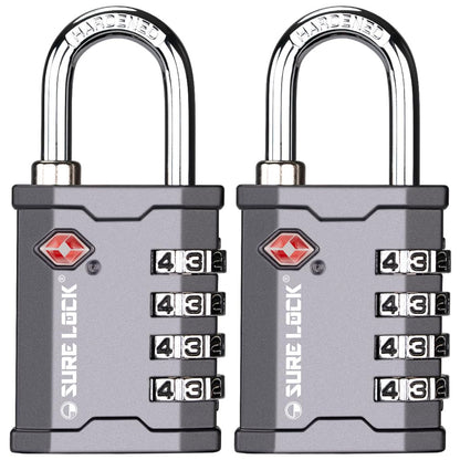 SURE LOCK TSA Accepted 4 Dig Heavy Duty Big Combination Luggage Padlock All Metal Travel Lock for Equipment Hard Case Luggage Gun Case Gym Locker Pelican Vault Lock (2, Grey)