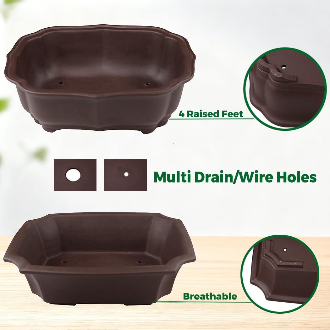 MUZHI 2 Pack 8" Unglazed Ceramic Bonsai Tree Pot Training Planter with Drainage Wiring Hole, Breathable Handmade Zisha Pottery Growing Plant Pot with Mesh Drip Tray Indoor Outdoor