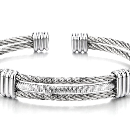 COOLSTEELANDBEYOND Men Women Stainless Steel Twisted Cable Adjustable Cuff Bangle Bracelet Silver Color