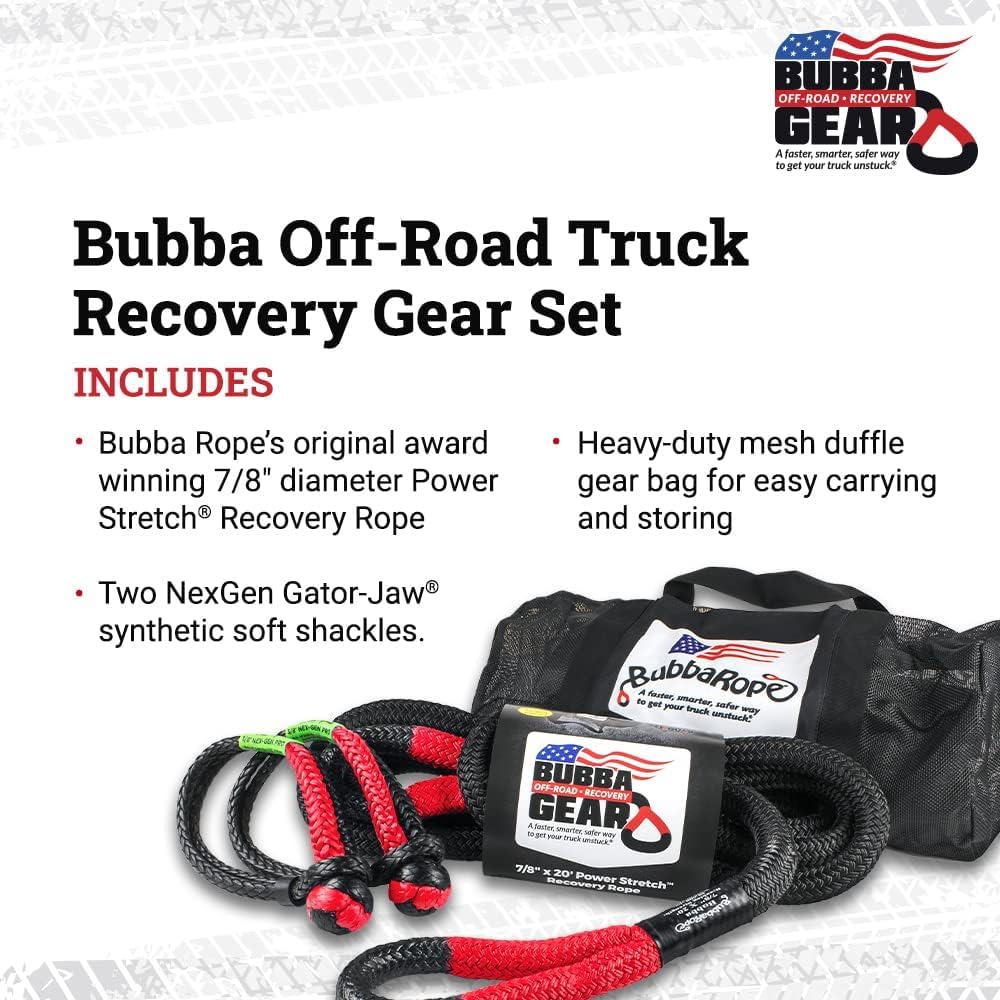 Bubba Rope Off-Road Truck Recovery Gear Set – Heavy-Duty Vehicle Tow Kit: Power Stretch Recovery Rope, 7/8” x 30’ - NexGen PRO Gator-Jaw Synthetic Shackles, 3/8” x 6.5” - Red