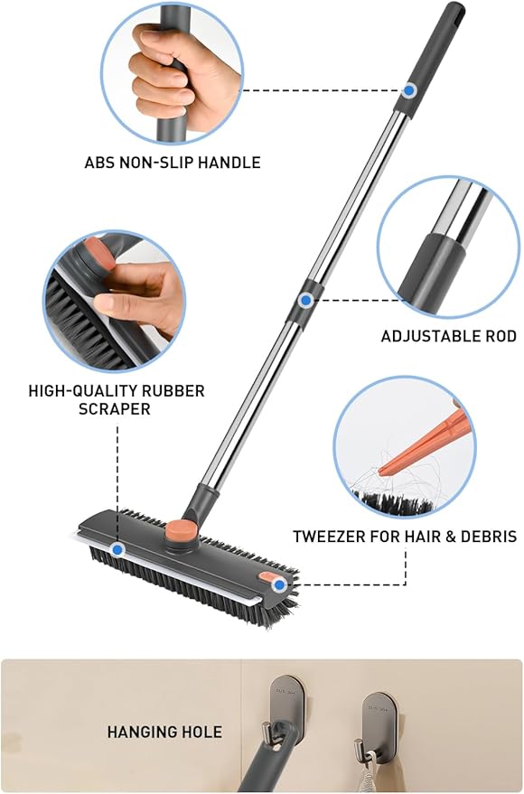 Floor Scrub Brush with Long Handle, 3 in 1 Multi-Angle Heavy Duty Stiff Bristle